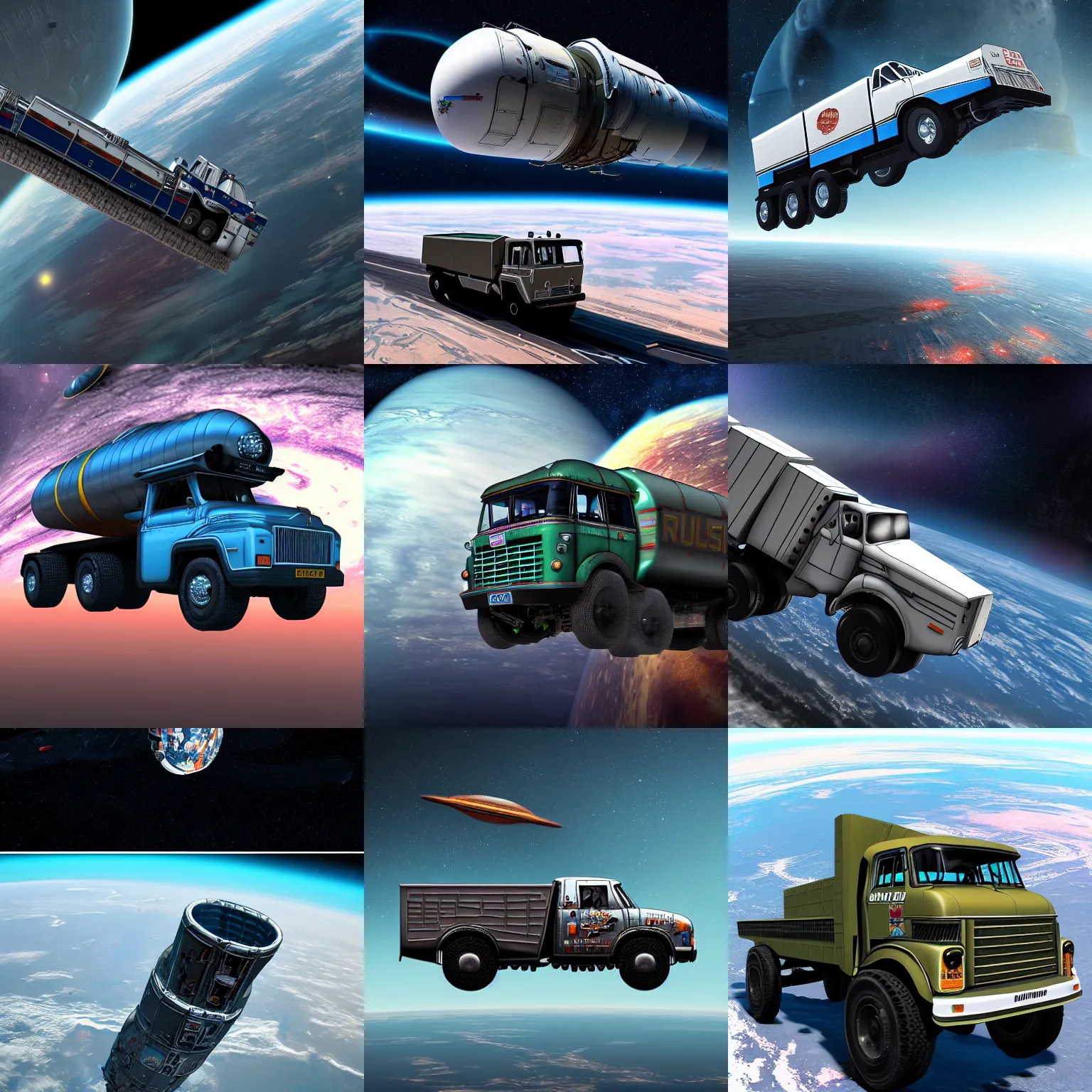 Prompt: russian truck zil - 1 3 0 fly in space in orbit of the planet earth, hyper detailed, hight detailed, futuristic, ultra realistic, cyberpunk, steampunk, no blur, 8 k