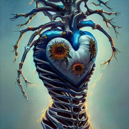 Prompt: a beautiful painting by Grzegorz greg rutkowski of an anatomically correct heart bursting out of an anatomically correct skeletal rib-cage and exploding into rainbows and sunflowers, trending on artstation hq