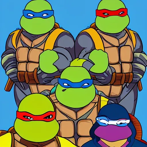 Prompt: ninja turtles with the simpsons, digital art