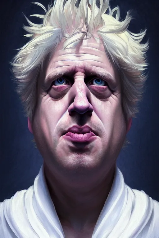 Image similar to Boris Johnson as Rick Sanchez, one eyebrow, white robe, big eyes, 2d portrait, symmetrical, highly detailed, digital painting, artstation, concept art, smooth, sharp focus, illustration, cinematic lighting, art by artgerm and greg rutkowski and alphonse mucha