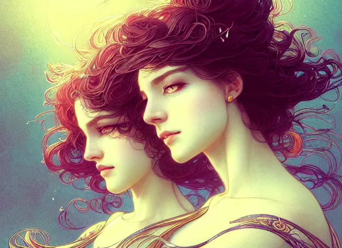 Image similar to portrait of 3 women with flowy hair, confident pose, pixie, genshin impact, intricate, elegant, sharp focus, soft bokeh, illustration, highly detailed, concept art, matte, trending on artstation, bright colors, art by wlop and artgerm and greg rutkowski, mucha, giger