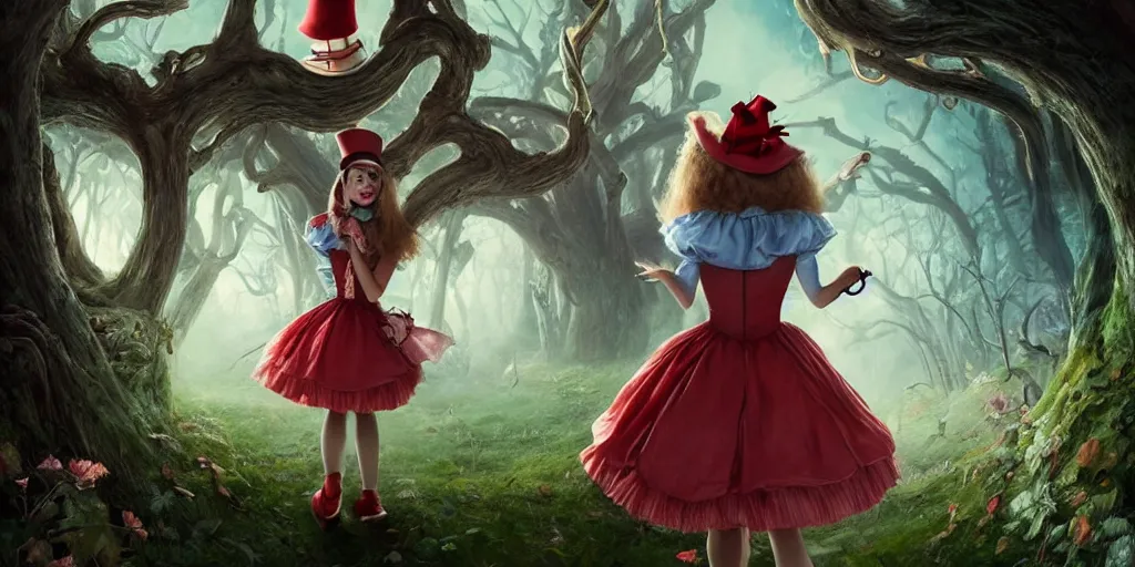 Image similar to Alice in wonderland, horror style, wide angle, super highly detailed, professional digital painting, artstation, concept art, smooth, sharp focus, no blur, no dof, extreme illustration, Unreal Engine 5, Photorealism, HD quality, 8k resolution, cinema 4d, 3D, beautiful, cinematic, art by artgerm and greg rutkowski and alphonse mucha and loish and WLOP