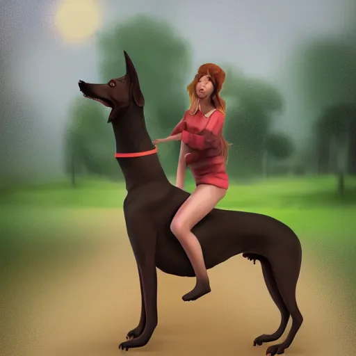 Image similar to girl riding a giant doberman dog in the park, trending on artstation