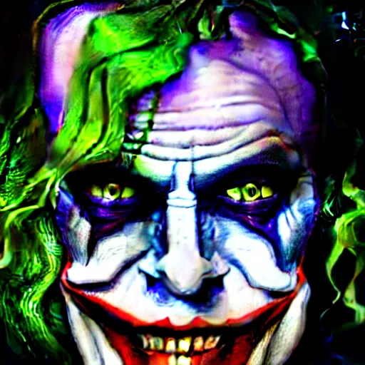 Image similar to An extremely psychedelic portrait of The Joker, surreal, LSD, face, detailed, intricate, elegant, lithe, highly detailed, digital painting, artstation, concept art, smooth, sharp focus, illustration