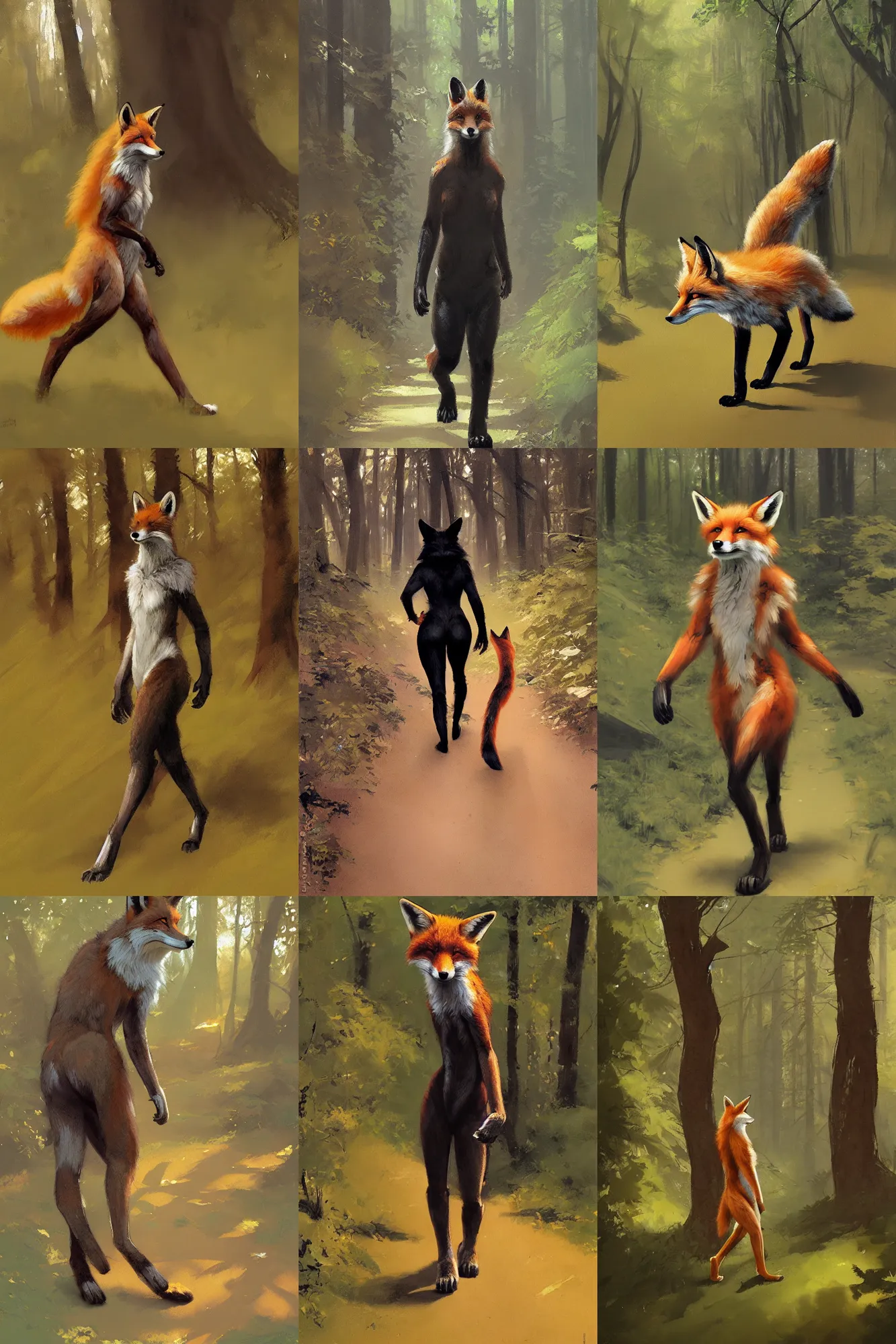 Prompt: anthro digitigrade natural - colored fox person with black paws, walking upright in a forest, greg rutkowski, gregory manchess