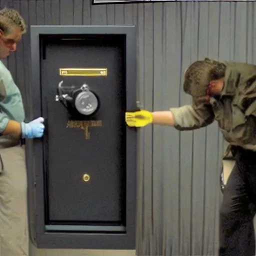 Prompt: cam footage of the fbi planting papers in a large safe, photo realistic,