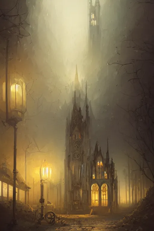 Image similar to illustration of close street view of gothic pipe organ, night, smoke, ground fog, by peter mohrbacher, by alex andreev, by jacek yerka, by alan lee, large depth of field, super detailed, digital art, trending on artstation, ornate