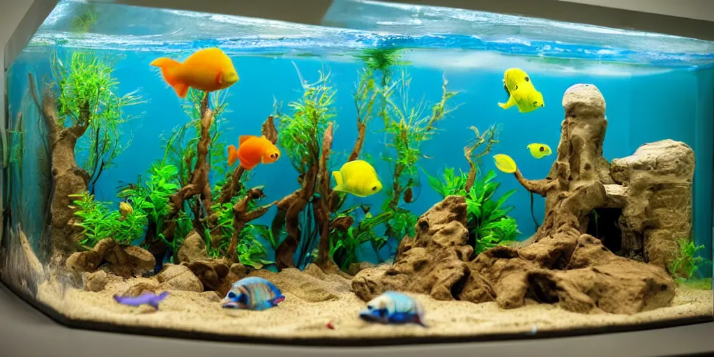 Image similar to fish tank in hospital waiting room. newt. plasticine model in water. figures clay. tilt shift. clay figure. surreal. tropical fish tank with sand. strange. weird. astrix and obelisk. bubbles form pump. tintin. hands. tank. wallace and gromit. siamese fighting fish. aquatic photography. photorealistic. waiting room