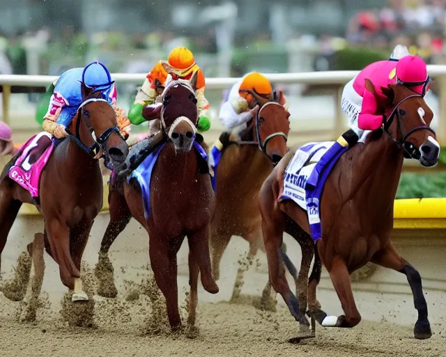 Prompt: Ponyta wining the Kentucky Derby in a photo finish