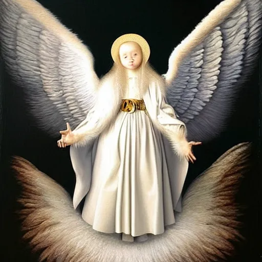 Image similar to highdetailed hyperrealistic painting of white angel!!! no gender!!!, giant ball of miracle light from the chest!!!!!, white sparkles everywhere, 4 k hd fur face!!!, big wings, by jan van eyck, holography space, glow effect, large strokes, white monochrome color!!!!!