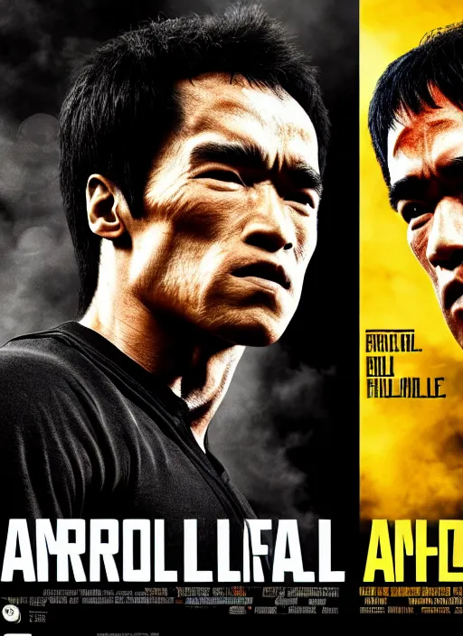 Image similar to Film poster, Arnold Schwarzenegger VS Bruce lee , faces look at each other, detailed and realistic, 4k, filmic render