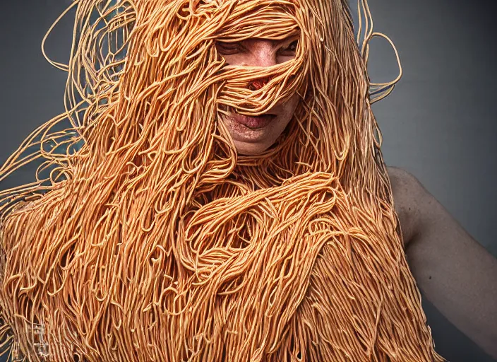 Image similar to Studio photograph of a person made of spaghetti, detailed photography, studio lighting