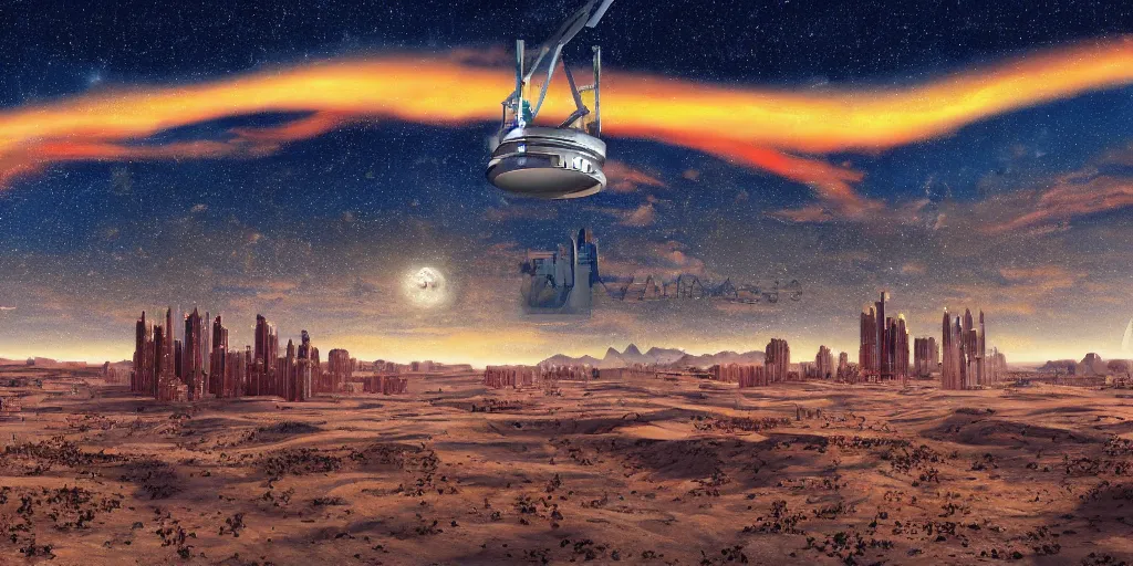 Prompt: artistic painting of a space elevator in the middle of the desert surrounded by futuristic buildings, sunset, mountains, clouds, stars