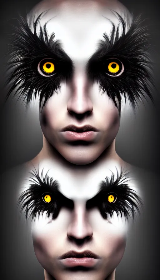 Image similar to epic professional digital portrait art of a human - aninal hybrid creature, portrait, human eyes, crow head, human skin, feathery skin, humanoid figure