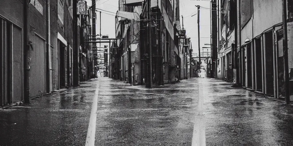 Prompt: analog photograph of a city street alley with roadsigns seen from directly above, high perspective, greyscale, film grain, rainfall, bokeh, lensflare, depth of field