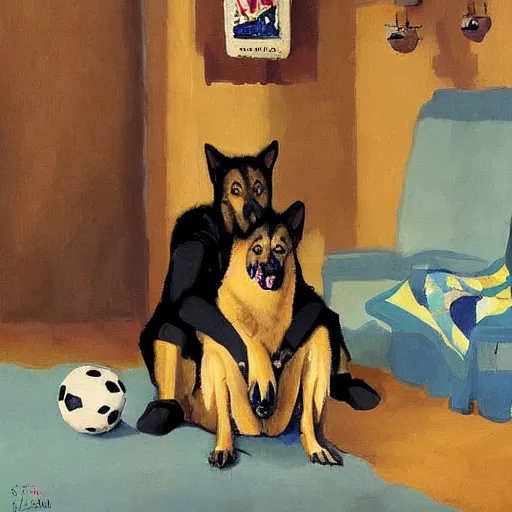 Image similar to a humanoid german shepherd beast - man, sitting and watching a soccer match in his house on television, he has hurt his knee and is a dad, by erin hanson, alexi zaitsev, karl spitzweg, award winning, tv set