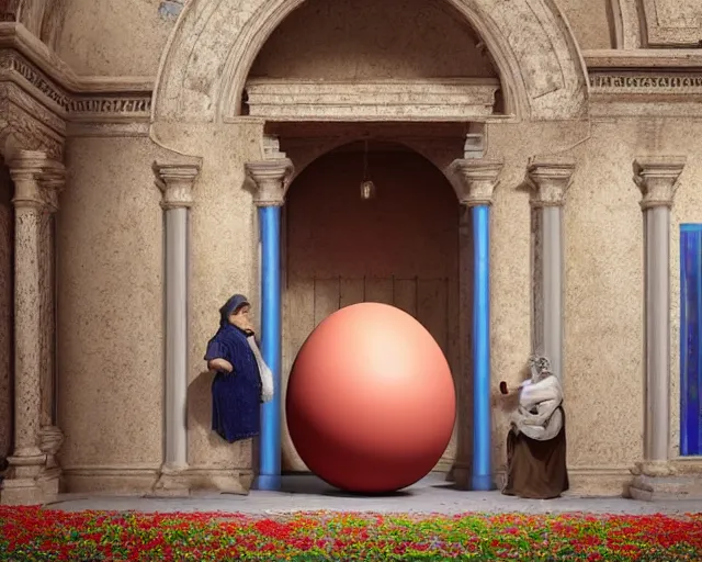 Image similar to םכ a very beautiful scene. processing block environment. a sweet fat old woman peeking from a huge, colorful and beautiful egg. hyper realistic. 4 k. wide angle. in the baroque style. wild. symmetrical face, red mouth, blue eyes. deep focus, lovely scene. processing block environment. concept art. unreal engine.