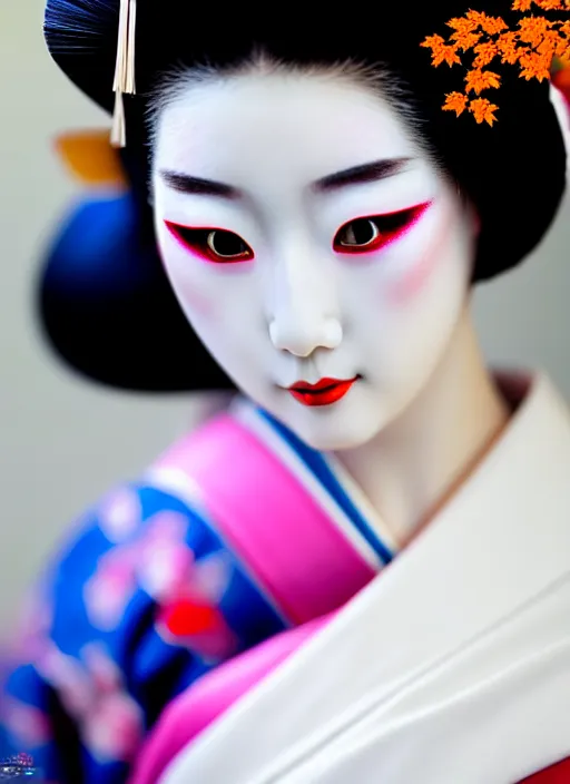 Image similar to Geisha extreme closeup photo portrait, beautiful pale makeup, pearlescent skin, elegant pose, very detailed, highly detailed kimono, photorealism, sharp focus, photorealism, soft diffuse autumn lights, some sunlight ray, dark room wall, canon 5D 50 mm lens, zen temple background