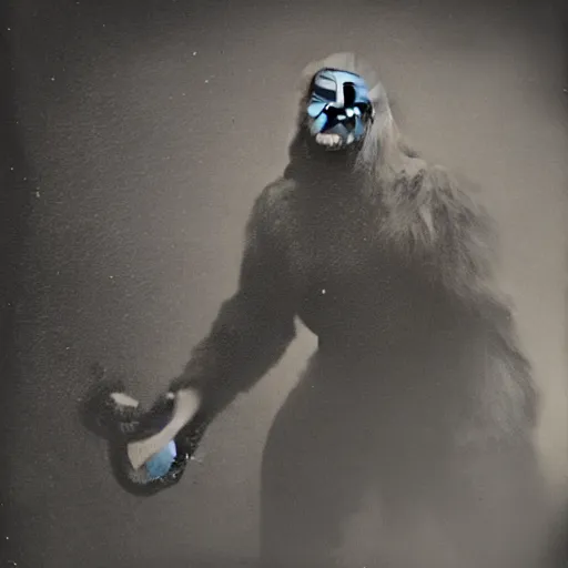 Image similar to tintype photo, underwater, King Kong and a squid