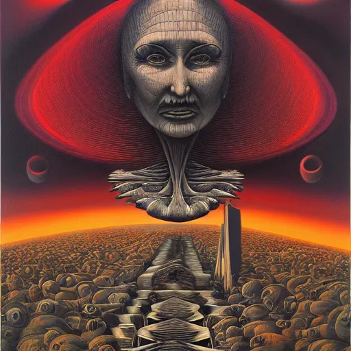 Image similar to monalisa by jacek yerka, alex gray, zdzisław beksiński, dariusz zawadzki, jeffrey smith and h.r. giger, oil on canvas, 8k highly professionally detailed, trending on artstation