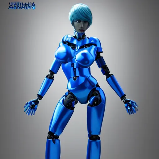 Prompt: womanized humanoid robot made of steel, beautiful face, short blue hair!!!, big breasts, thin body, anatomically correct, futuristic, glowing details!, symmetrical, unreal engine, ray tracing, 8 k, uhd, ultrarealistic, smooth, clear, sharp, extremely detailed