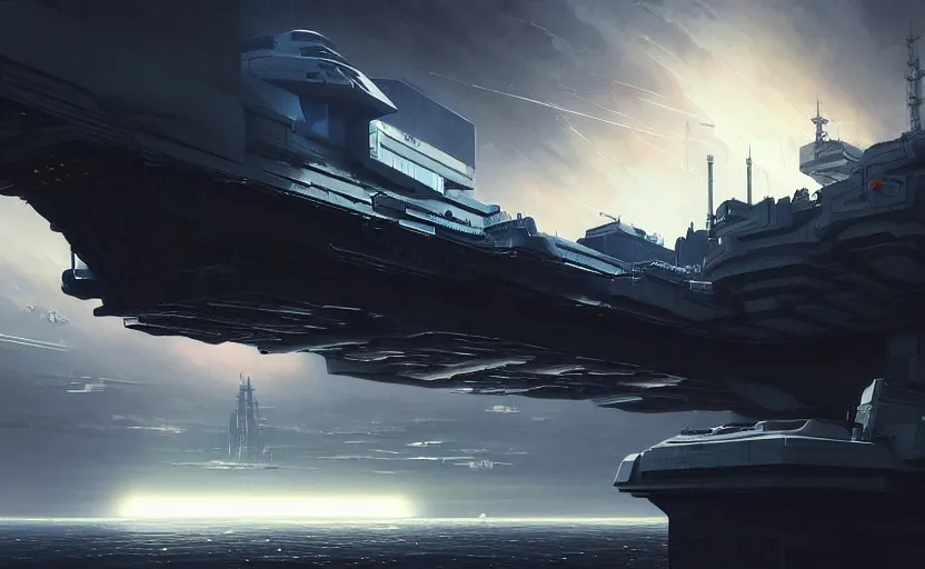 Prompt: cyberpunk aircraft carrier cargo ship strongly resembling industrial spaceship design concept art in space, by david levy, eve online, elite dangerous, artstation, film noir with ultra detailed, intricate, anime, dynamic lighting, digital art, digital painting, art station, wlop, sharp focus, illustration, art by artgerm and greg rutkowski and alphonse mucha