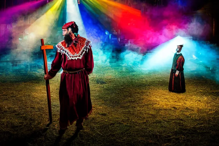 Image similar to festival on a stage, man with scythe, traditional romanian clothing, dramatic lighting, beautiful, volumetric lighting, colorful