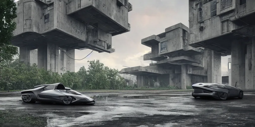 Image similar to highly detailed futuristic car, on the background brutalist architecture by Le Corbusier, abandoned buildings, empty streetscapes, surrounded by lush green vegetation, ground-level view, puddles of water, stunning volumetric lighting, sunset, trending on Artstation, 8k, photorealistic, hyper detailed, unreal engine 5, cinematic, epic lighting, cryengine, octane render, cyberpunk, red and orange glow, dark, gloomy