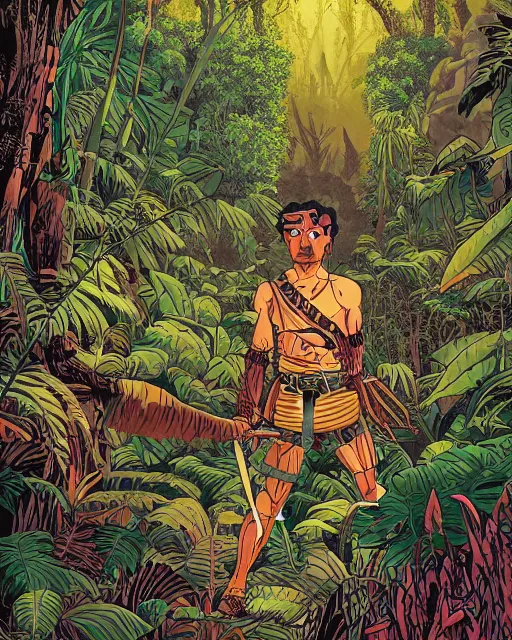 Image similar to portrait of barbaric spanish conquistador in a dense jungle, symmetrical, by yoichi hatakenaka, studio ghibli and dan mumford