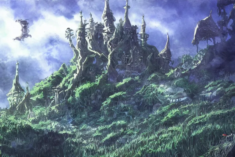 Image similar to dark fantasy land, painting, water color, ghibli, hayao miyazaki, concept art, detailed, nobuyuki yanai, hiroshi matsuyama, hiroyuki maeda