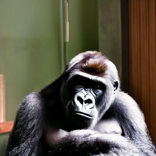 Prompt: A gorilla sleeping in a bathroom, Book cover, 4K HD