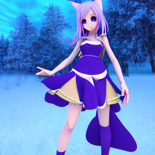 Prompt: Render of a very beautiful 3d anime girl, elf girl, full body, long silver hair purple tips, azure blue eyes, full round face, low poly backgrouns with vibrant colors, short smile, cute dress, in snow, medium shot, mid-shot, cinematic lightning, high detail, artstation