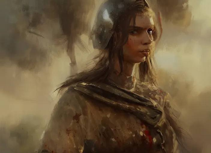 Image similar to landscape, portrait painting beautiful realism, an caucasian girl, wearing war clothes, in wood armor who was sprawled out was about to rise, his face covered in blood. cinematic scene, good lighting, fine art, trending on artstation, smooth draw, sharp focus.