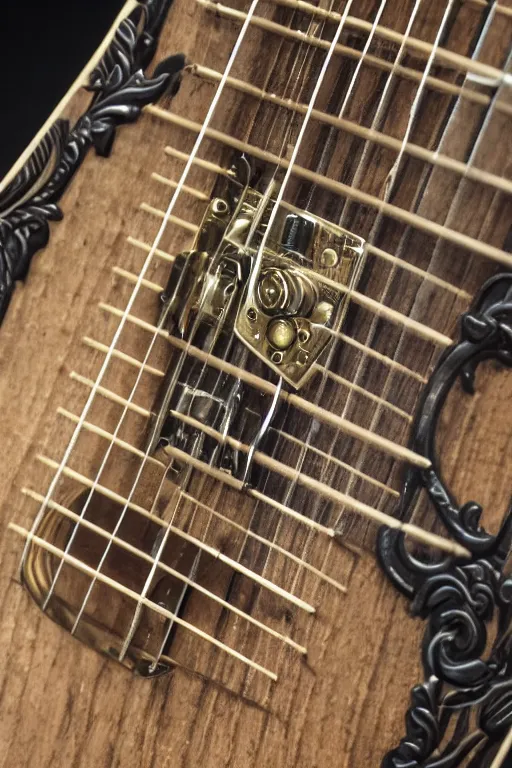 Prompt: a steampunk six string acoustic guitar fretboard