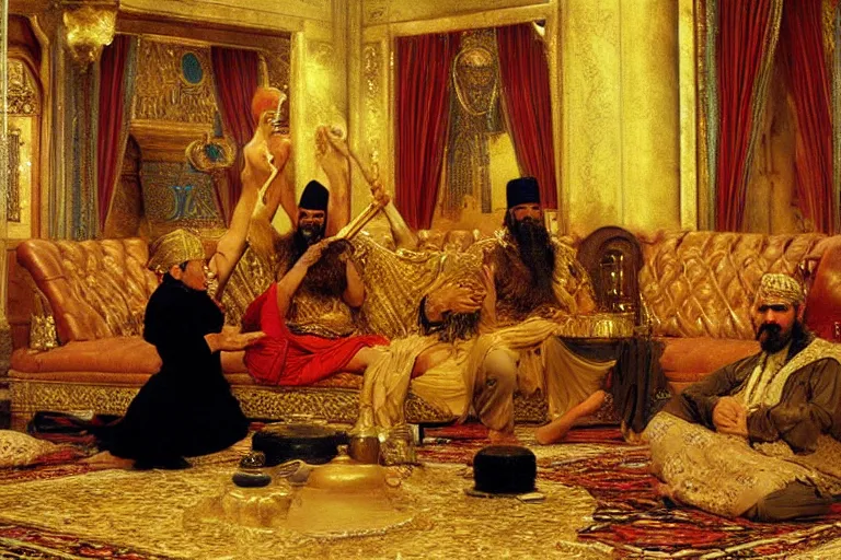 Image similar to The Persian Genie Destroys his Magic Lamp in an Opulent Turkish Salon, art by Paul Cadmus and Osman Hamdy Bey and Jean-Léon Gérôme