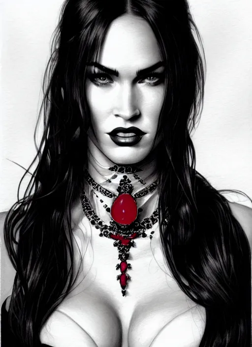 Prompt: a black and white pencil portrait of megan fox as a vampire lord, in a dress, jewelry, greek, ruby, intricate, headshot, highly detailed, drawn with pencil, black and white, artstation, concept art, sharp focus, cinematic lighting, illustration, art by artgerm and greg rutkowski, alphonse mucha, cgsociety