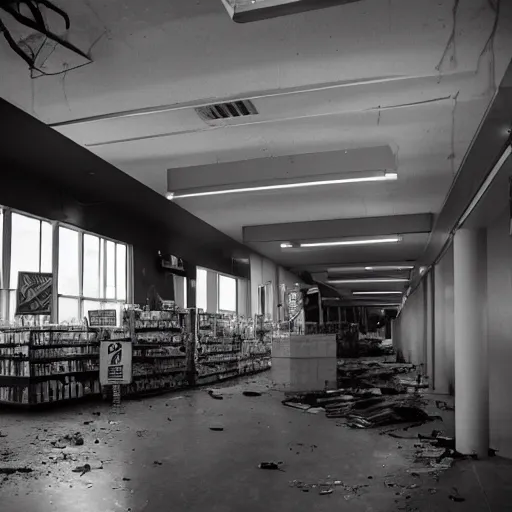 Prompt: a ransacked grocery store, broken signs, filthy flooring. Vines growing. Award-winning photo. OM system 12–40mm PRO II 40mm, 1/100 sec, f/2 8, ISO 800