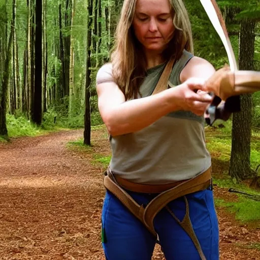 Image similar to a recurve bow made out of pine with a lye string, held by a beautiful woman in the woods hunting a deer