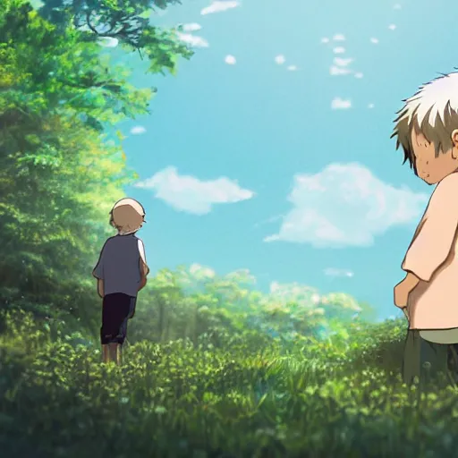 Prompt: friendly guy and small creature , with Fragile looking character portrait face made by Studio Ghibli highly detailed art, beautiful scene, sharp focus, smooth, High contrast, depth of field, 8k, anime art