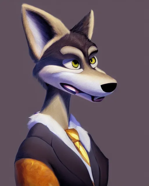 Image similar to oil painting of anthromorphic female wolf, in style of zootopia, female fursona, furry, furaffinity, 4 k, deviantart, furry art, fursona art, wearing black business suit, business suit, wolf fursona, female, very expressive detailed feminine face,