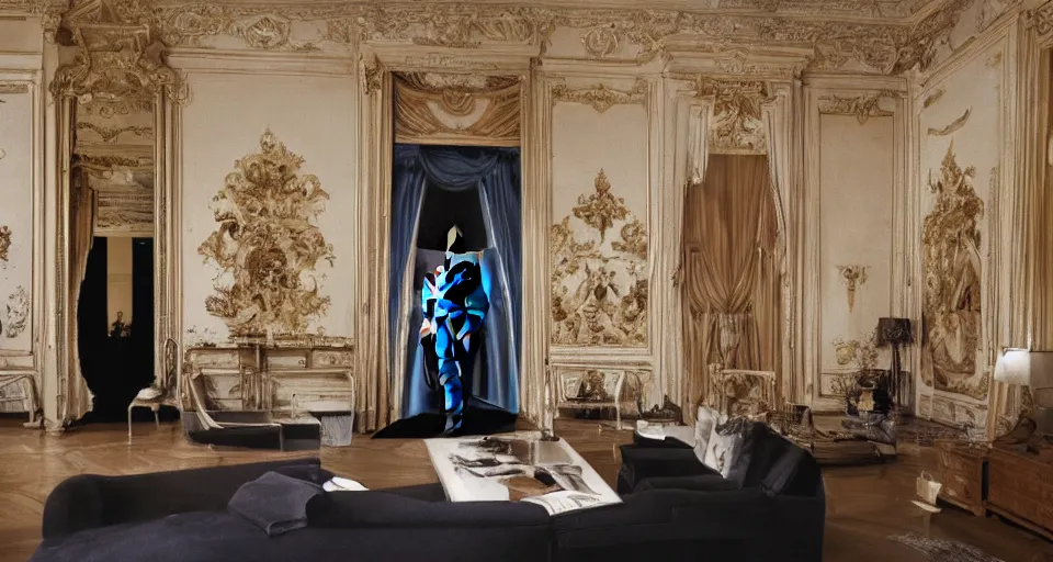 Image similar to Batman standing in giant Italian modern castle living room, clean minimalist design, that is 1300 feet tall, with very tall giant walls filled with modern art paintings, doors that are cosmic portals, photo by Annie Leibovitz