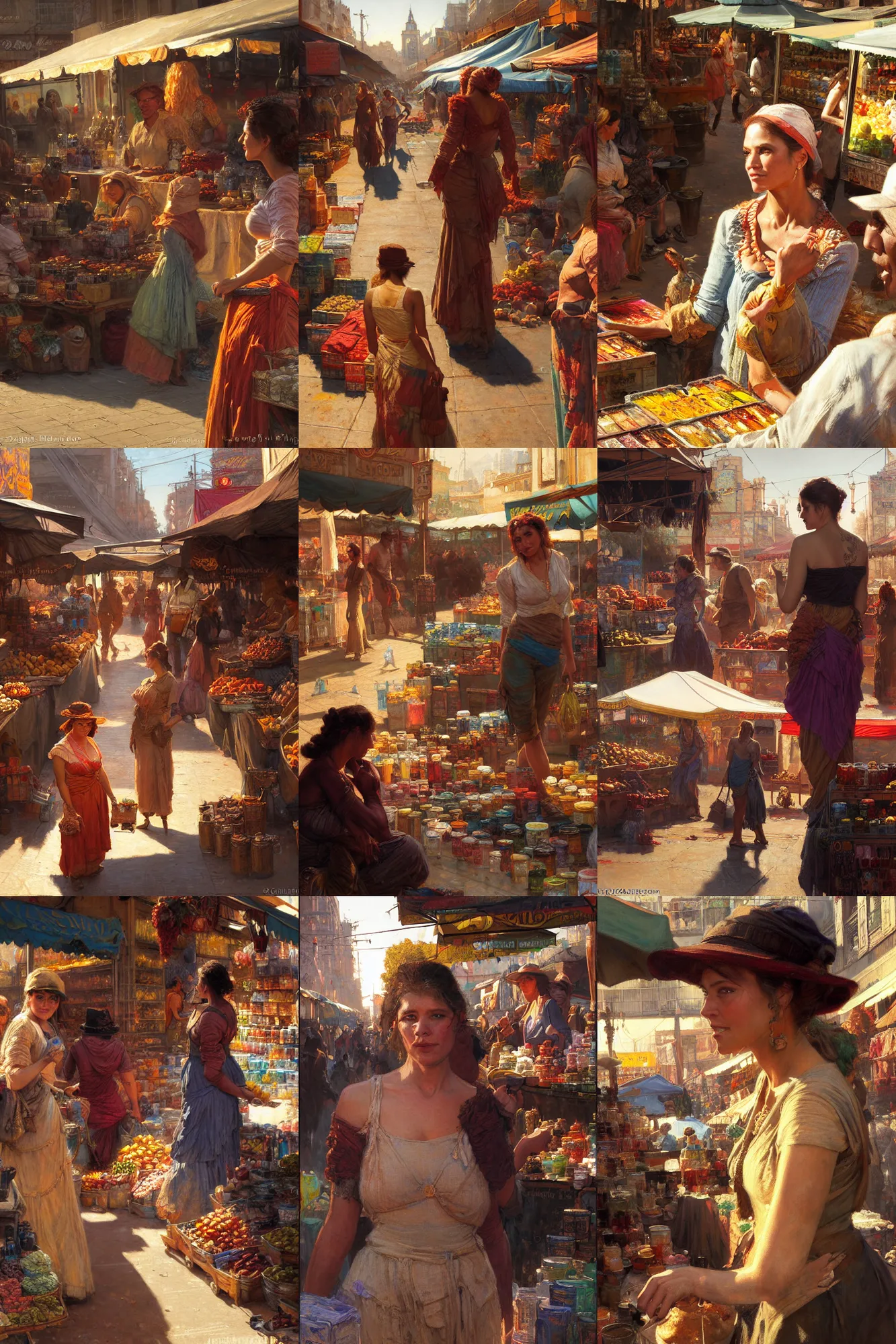 Prompt: a detailed painting of a woman at a market in the streets in dying light 2, painting by gaston bussiere, craig mullins, j. c. leyendecker