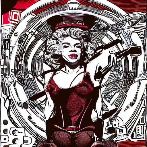 Image similar to Illustrated by Shepard Fairey and H.R. Geiger | Cyberpunk Marilyn Monroe with VR helmet, surrounded by cables