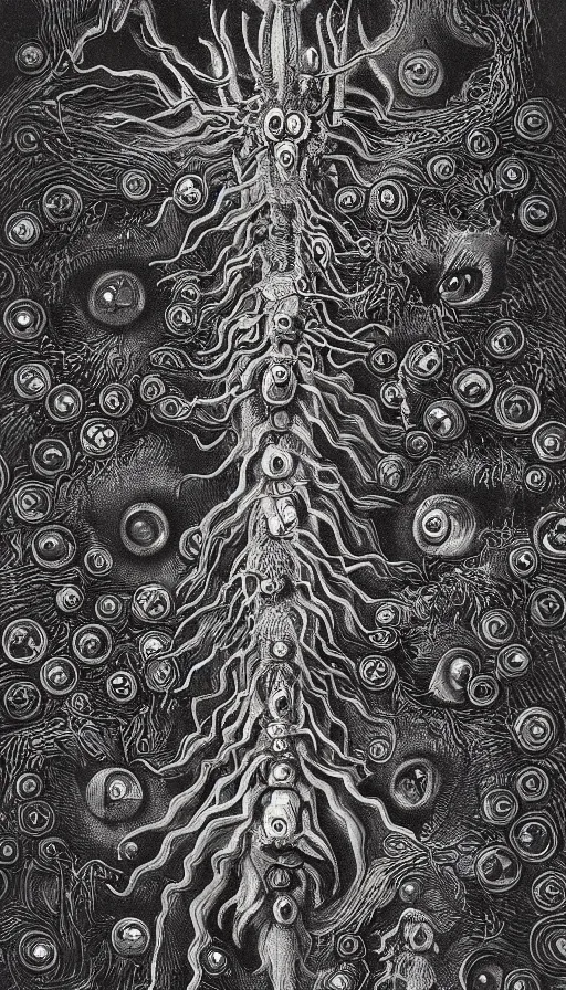 Image similar to a storm vortex made of many demonic eyes and teeth, by ernst haeckel