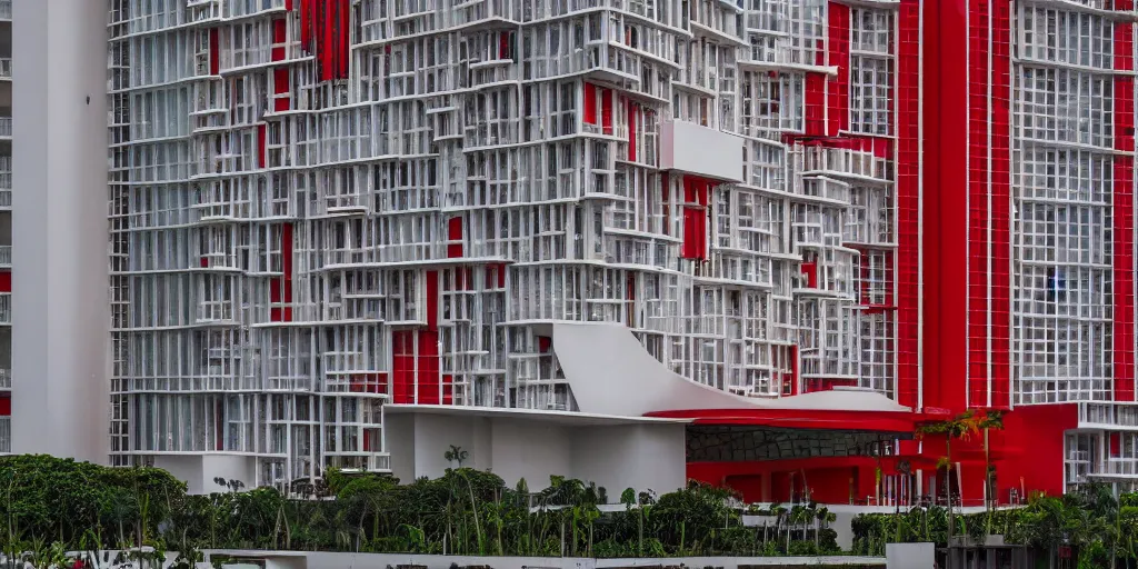 Prompt: extremely beautiful architecture photo of a luxury hotel complex in lagos nigeria in the style of rem koolhaas and virgil abloh with red black and white accents, green plants, zaha hadid, postmodern, clean, the structure is angular and geometric, beautiful, award winning architecture, extremely beautiful lighting, cinematic composition, modern, render, architectural, architecture, realistic, clear