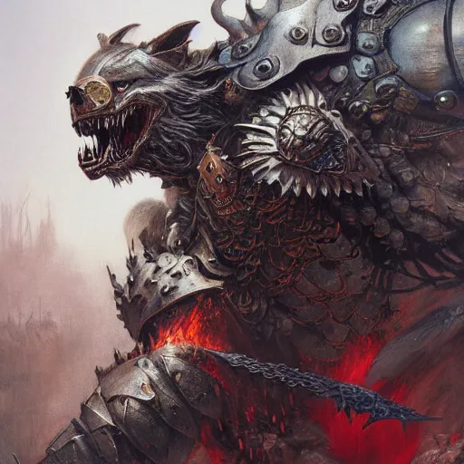 Image similar to anthropomorphic wolf, skullknight armor, metal fangs, fantasy 3 d render, masterpiece, red aura, by donato giancola and greg rutkowski and wayne barlow and zdzisław beksinski, realistic face