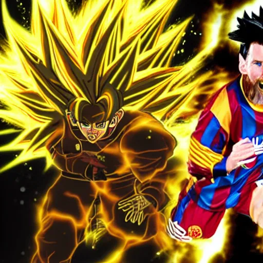 Prompt: Lionel Messi as legendary super Saiyan, as photograph