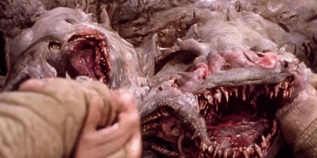 Image similar to filmic extreme closeup dutch angle movie still 4k UHD interior 35mm film color photograph of a man's hand being mutilated by a grotesque snarling chimera creature from The Thing in 1982