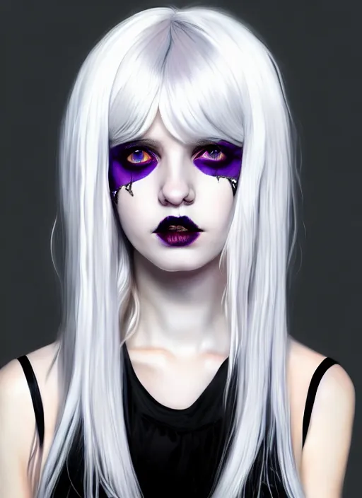 Image similar to portrait of white teenage girl, normal face, white bangs, mall goth, cyberlox, black and white hair, bangs, fluffy bangs, red contact lenses, purple lipstick, intricate, elegant, highly detailed, digital painting, artstation, concept art, sharp focus, smooth, illustration, art by wlop, mars ravelo and greg rutkowski