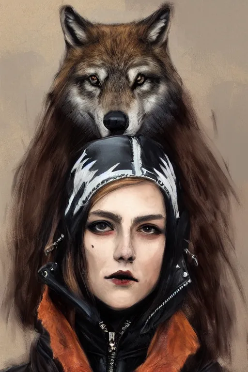 Image similar to portrait of a punk girl wearing a leather jacket with a wolf's head on her head, painted by waterhouse, bagshaw, digital painting, artstation